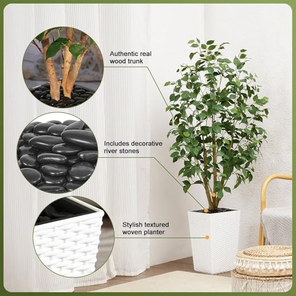 5ft Artificial Ficus Tree,Tall Faux Tree with Pebbles & Planter UV Resistant Potted Fake Plant with Silk Leaves & Real Wood Trunk,Indoor Outdoor Floor Plant for Home,Living Room - Image 5