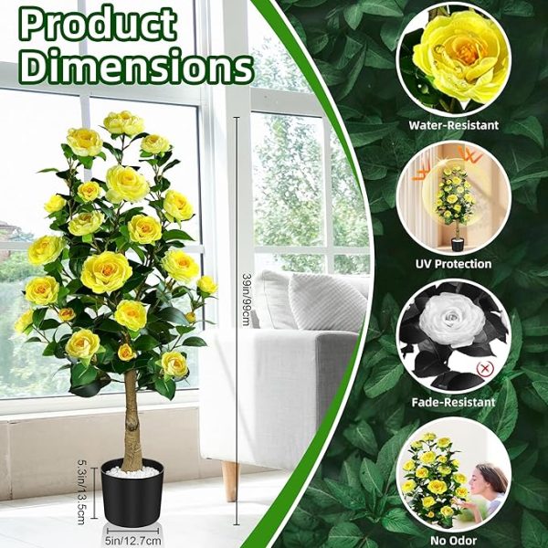 Artificial Camellia Tree 39", 2 Pack Artificial Plants & Flowers Outdoor, 3.25 FT Large Fake Plant in Pot, Large Faux Tree Indoor for Office Living Room Home Decor (Yellow Camellia Tree) - Image 4