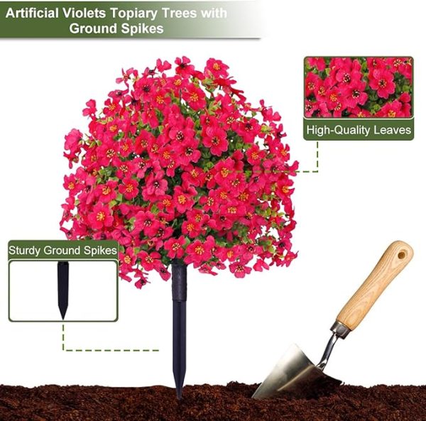 23.6in Artificial Violet Ball Topiary Trees with Ground Spikes,Artificial Boxwood Topiary Ball Trees,Fade Resistant Faux Artificial Shrubs Tree for Indoor Outdoor Front Porch Decor (Hot Pink, 2 PC) - Image 3