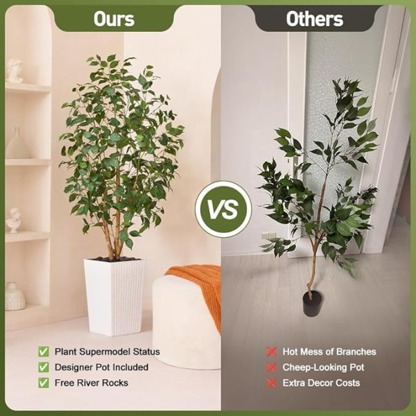 5ft Artificial Ficus Tree,Tall Faux Tree with Pebbles & Planter UV Resistant Potted Fake Plant with Silk Leaves & Real Wood Trunk,Indoor Outdoor Floor Plant for Home,Living Room - Image 4