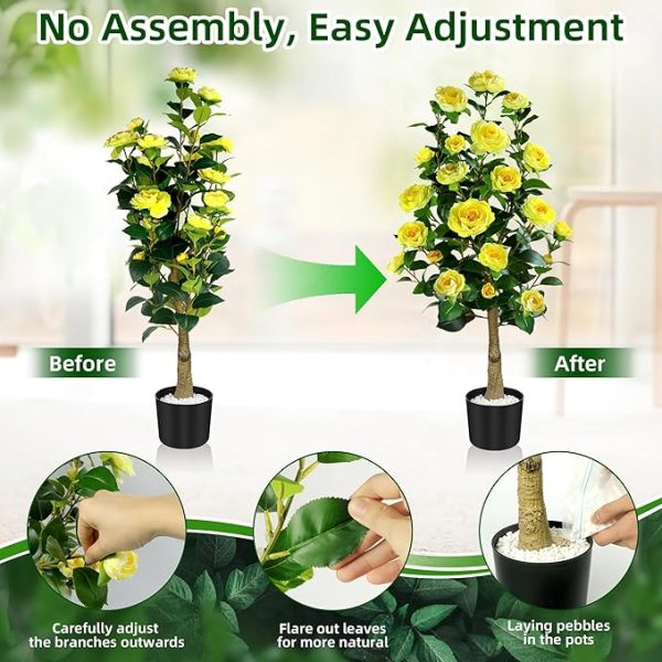 Artificial Camellia Tree 39", 2 Pack Artificial Plants & Flowers Outdoor, 3.25 FT Large Fake Plant in Pot, Large Faux Tree Indoor for Office Living Room Home Decor (Yellow Camellia Tree) - Image 3