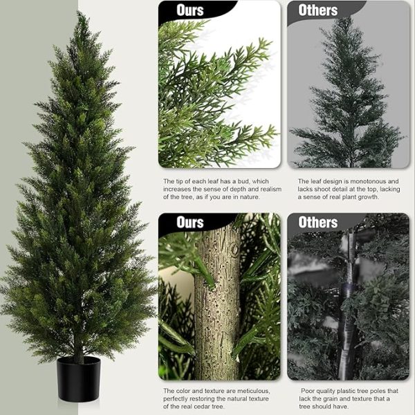 Outdoor Artificial Cedar Topiary Tree 5FT Tall 2 Set, Faux Evergreen Shrubs for Front Porch Decor, Lifelike Fake Bushes Plants for Home Living Room Front Door Decor - Image 2