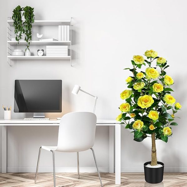 Artificial Camellia Tree 39", 2 Pack Artificial Plants & Flowers Outdoor, 3.25 FT Large Fake Plant in Pot, Large Faux Tree Indoor for Office Living Room Home Decor (Yellow Camellia Tree)