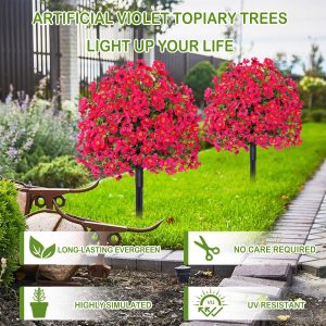 23.6in Artificial Violet Ball Topiary Trees with Ground Spikes,Artificial Boxwood Topiary Ball Trees,Fade Resistant Faux Artificial Shrubs Tree for Indoor Outdoor Front Porch Decor (Hot Pink, 2 PC)