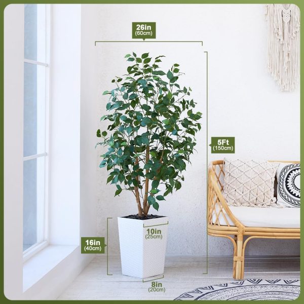 5ft Artificial Ficus Tree,Tall Faux Tree with Pebbles & Planter UV Resistant Potted Fake Plant with Silk Leaves & Real Wood Trunk,Indoor Outdoor Floor Plant for Home,Living Room